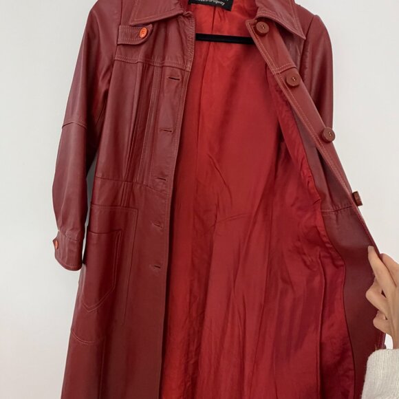 deep red leather trench coat S - Picture 8 of 11